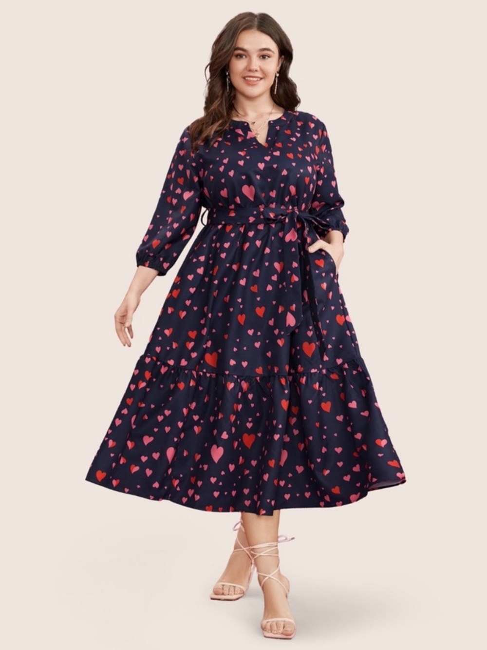 💕 BLOOMCHIC Heart Print V-Neck Tiered Midi Dress - Size 18-20 (2X) 💕